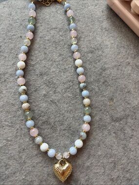 Gold Heart Pendant Beaded Necklace Pastel colors